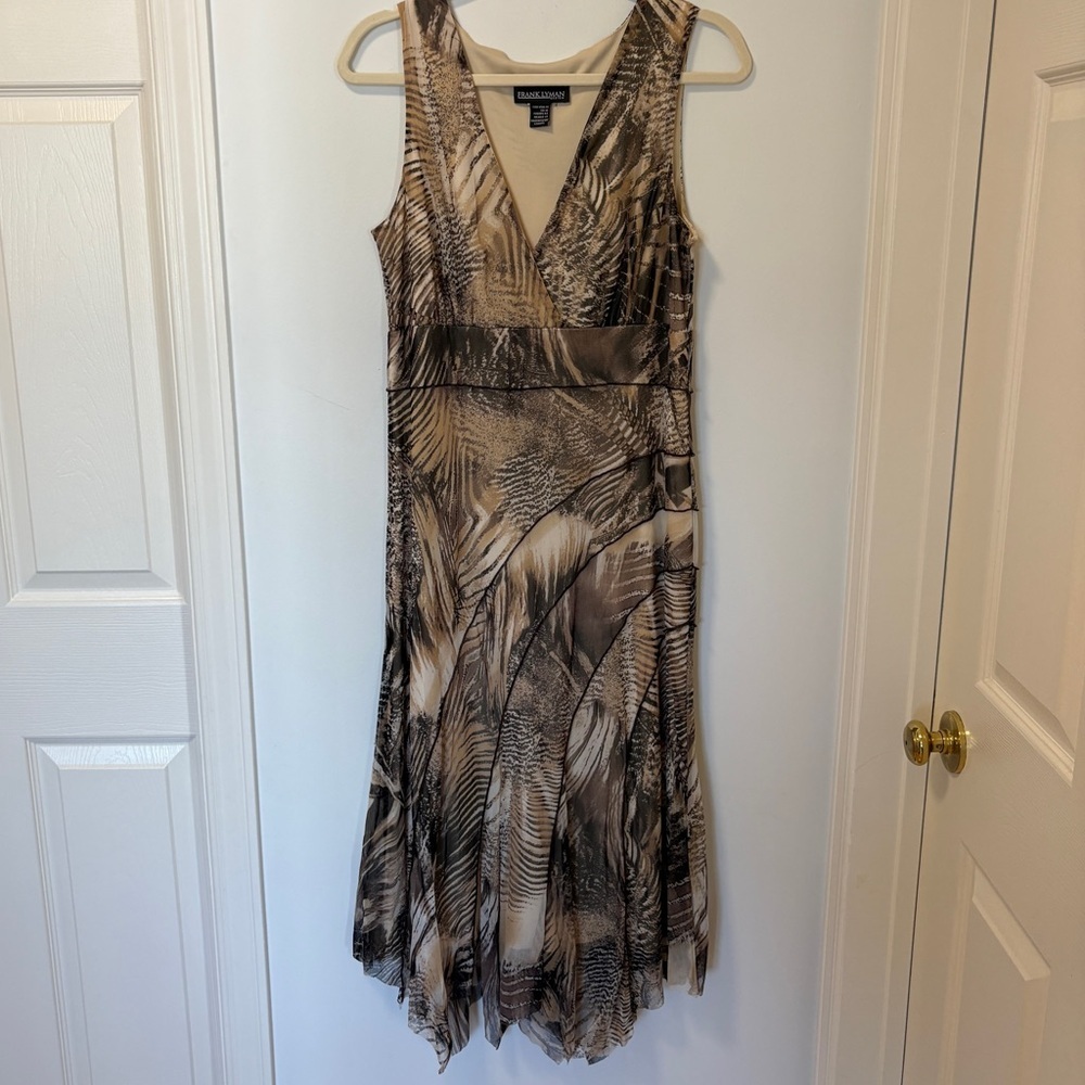 Frank Lyman animal print dress sleeveless v-neck asymmetrical hem party office